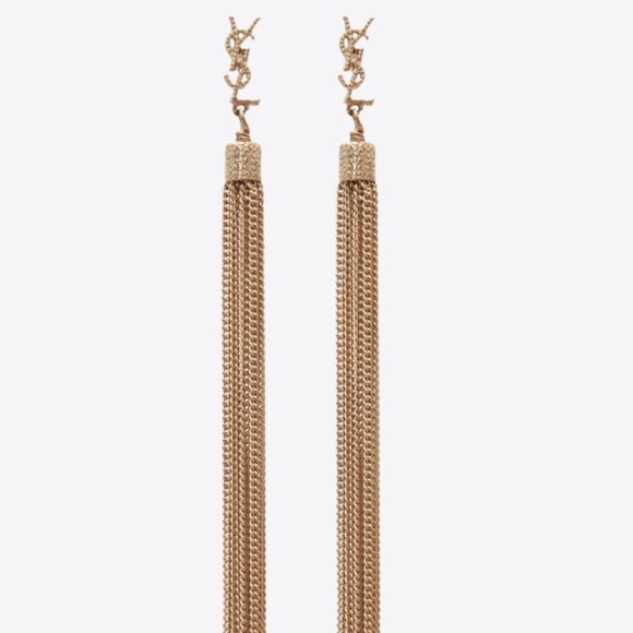 SAINT LAURENT LOULOU EARRINGS WITH CHAIN TASSELS IN LIGHT GOLD-COLORED BRASS - Picture 1 of 7